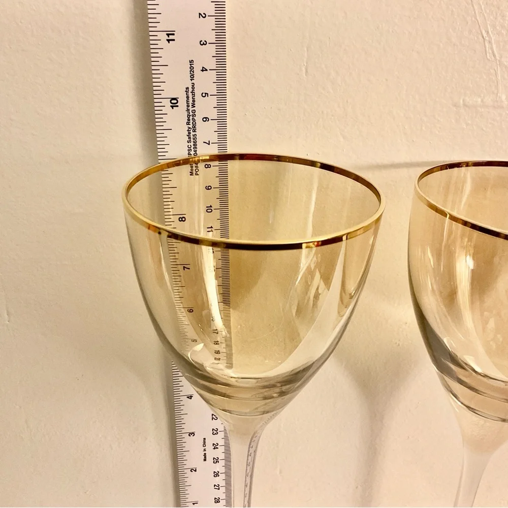 Anthropologie Gold Rim Iridescent Amber Wine Glasses 9.25” Set of 2 - Picture 5 of 6